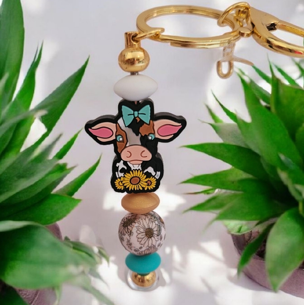 Cute Cow Keychain with Gold and Turquoise Accents